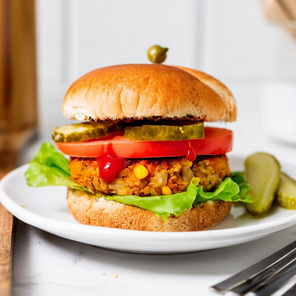 Homemade veggie burgers recipe plated on a wooden board with crispy sweet potato fries and pickles