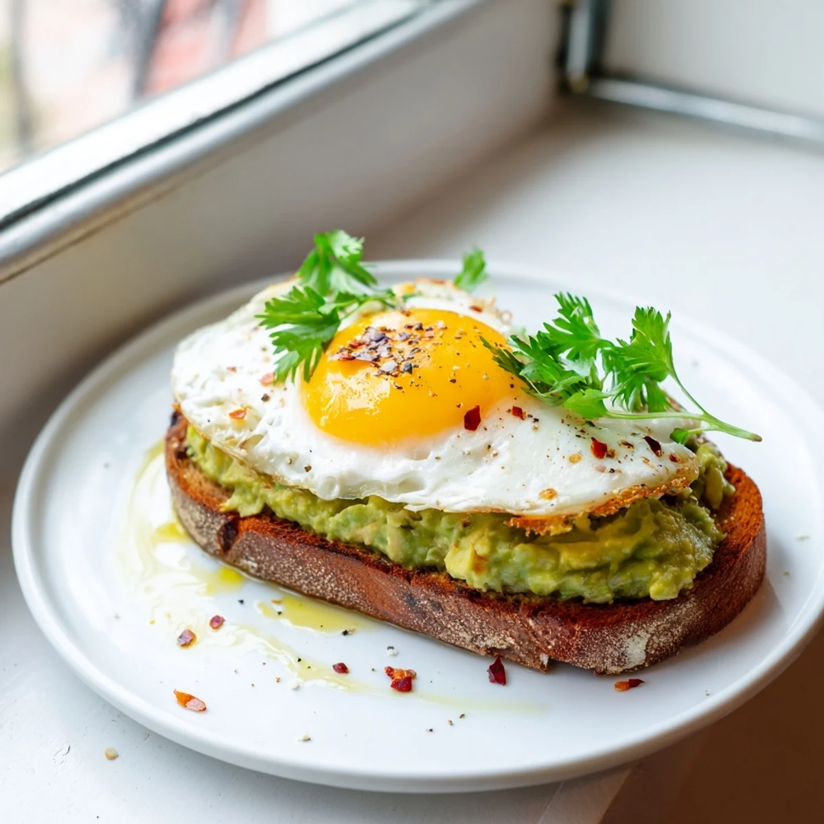 Golden toasted sourdough piled with creamy mashed avocado and a perfectly runny fried egg