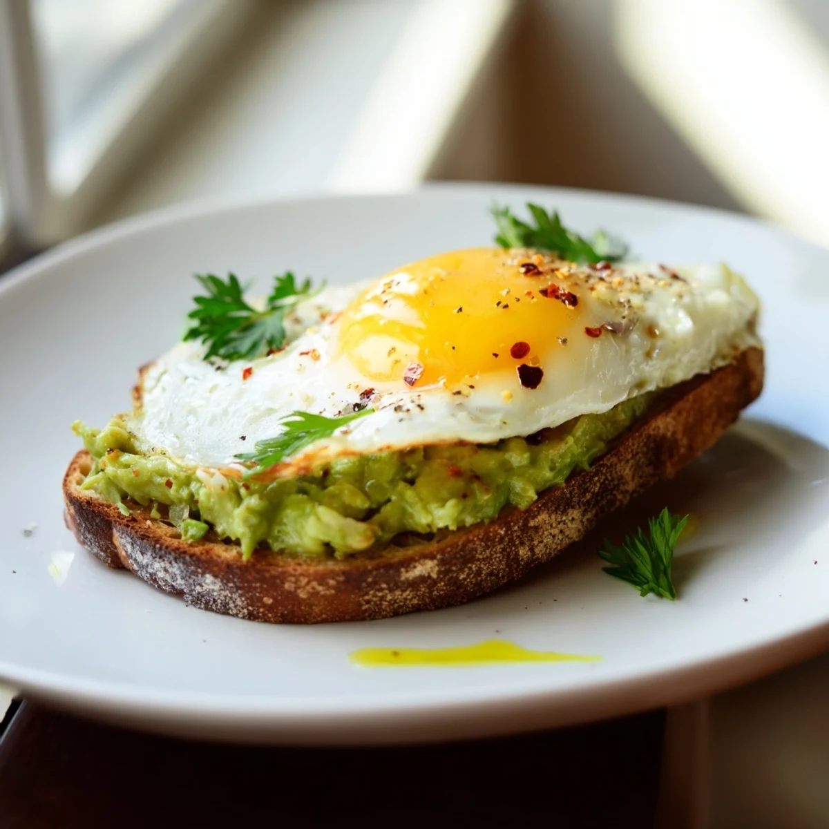 Breakfast plate showcasing two slices of loaded avocado toast topped with poached eggs and cracked black pepper
