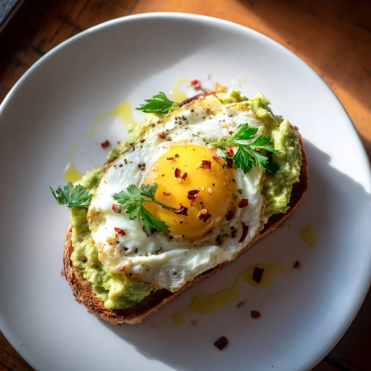 Simple avocado toast with egg featuring fresh herbs, red pepper flakes, and a drizzle of olive oil