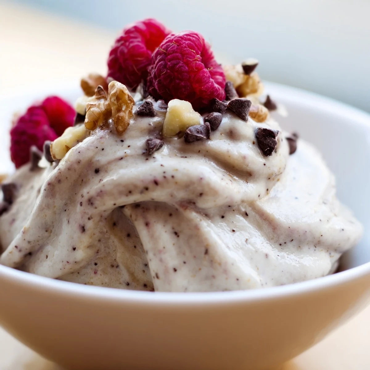 Creamy banana nice cream recipe topped with fresh berries and chopped nuts in a bowl