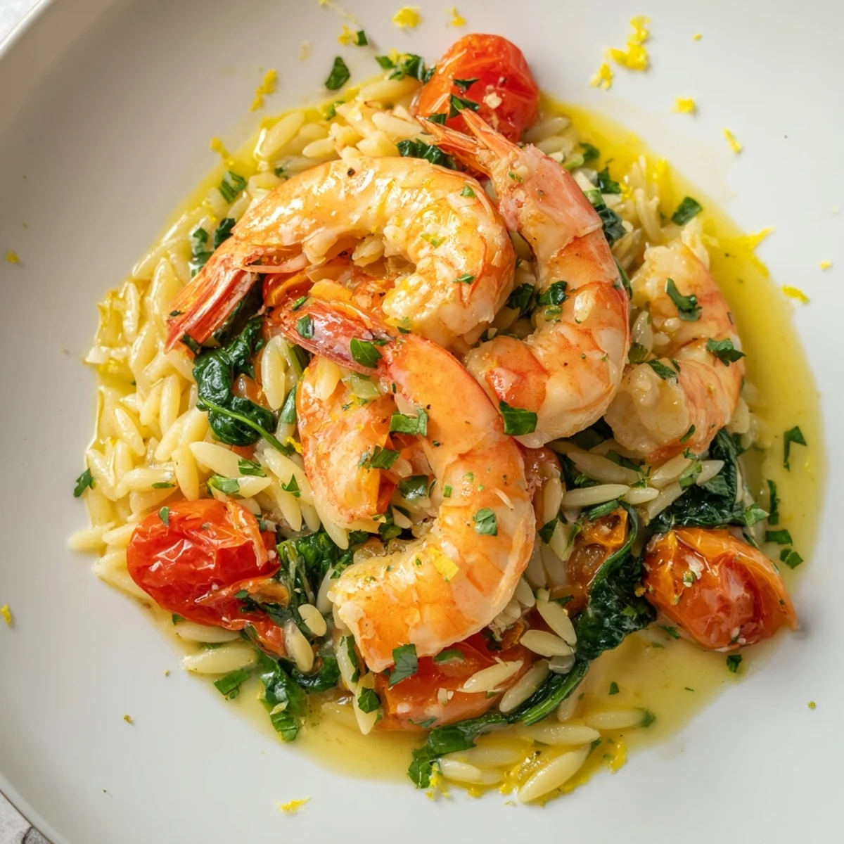 Golden seared shrimp nestled in creamy lemon orzo with fresh spinach and cherry tomatoes