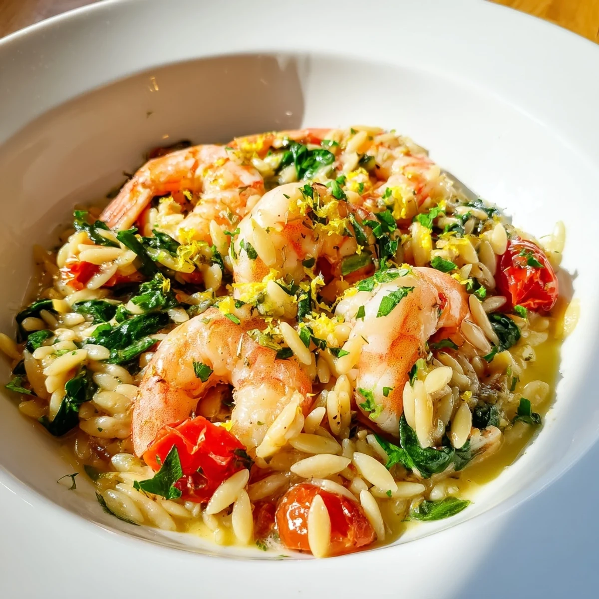 One-pan lemon shrimp and orzo skillet garnished with parsley and lemon wedges