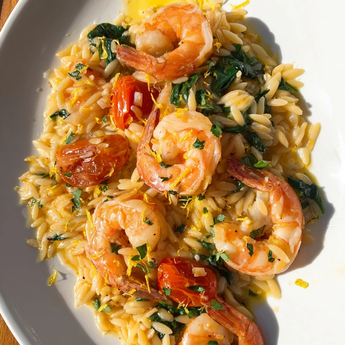 Mediterranean-style shrimp with orzo pasta in a vibrant lemon herb broth with vegetables