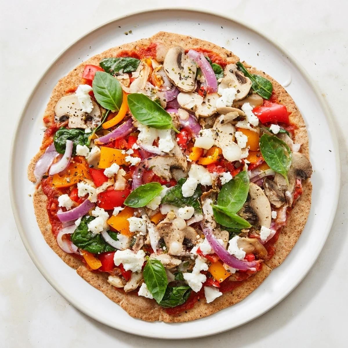 Golden whole wheat low cholesterol pita pizza topped with colorful fresh vegetables and melted mozzarella cheese