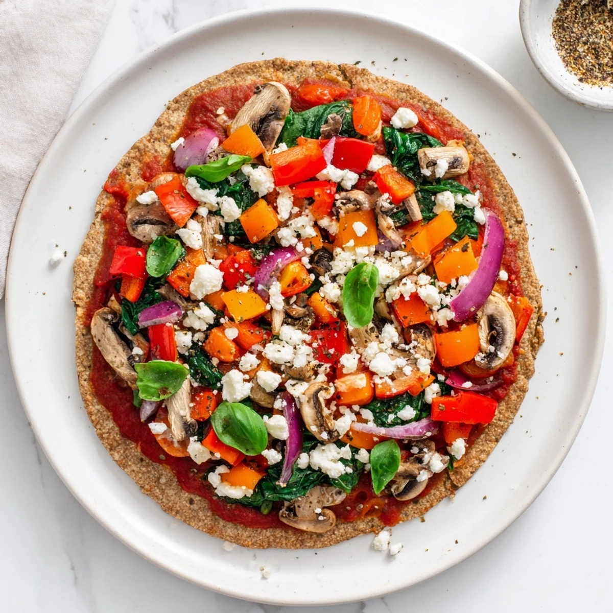 Heart-healthy low cholesterol pita pizza loaded with bell peppers tomatoes onions spinach and light cheese