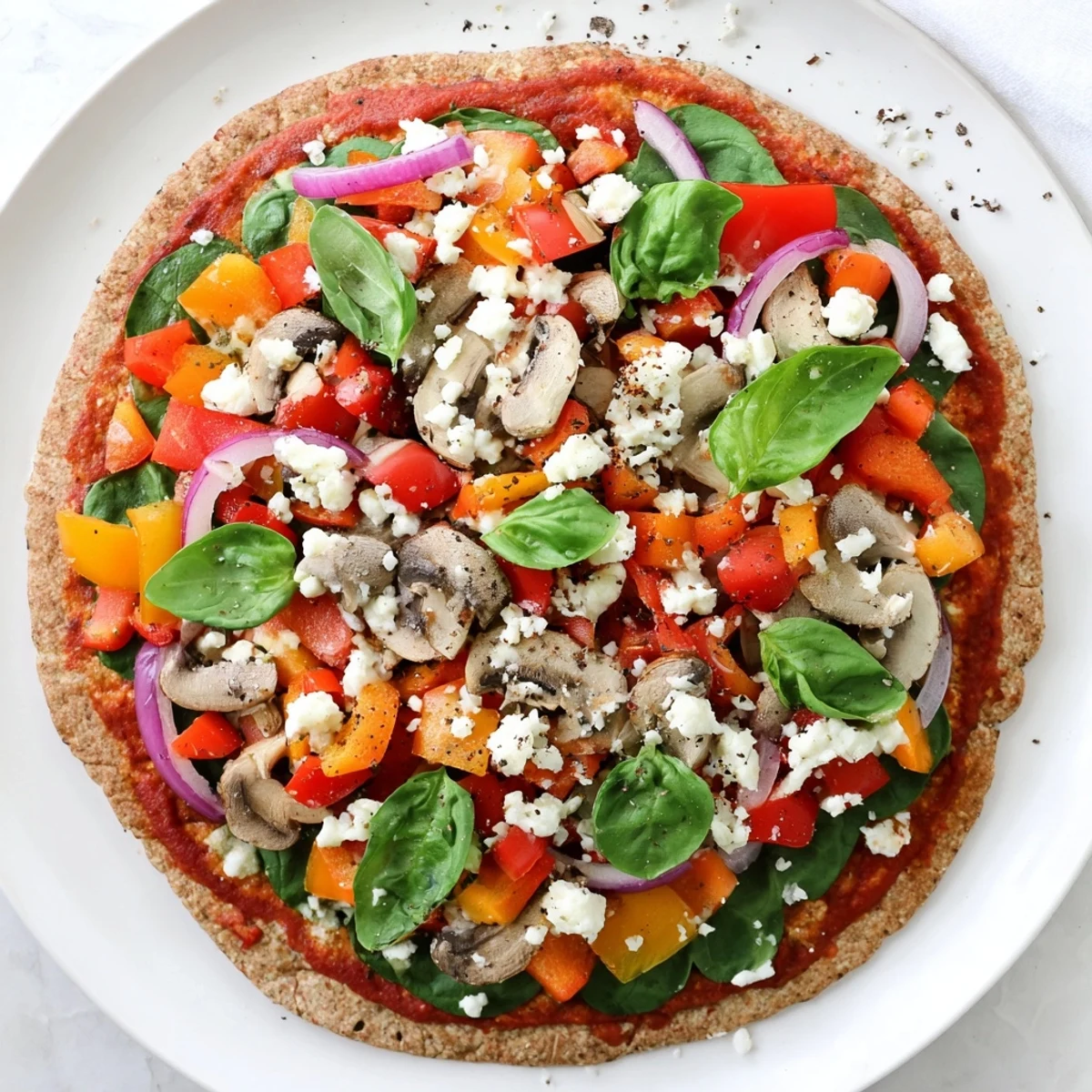 Mediterranean style low cholesterol pita pizza baked to golden perfection with vibrant vegetable toppings and feta