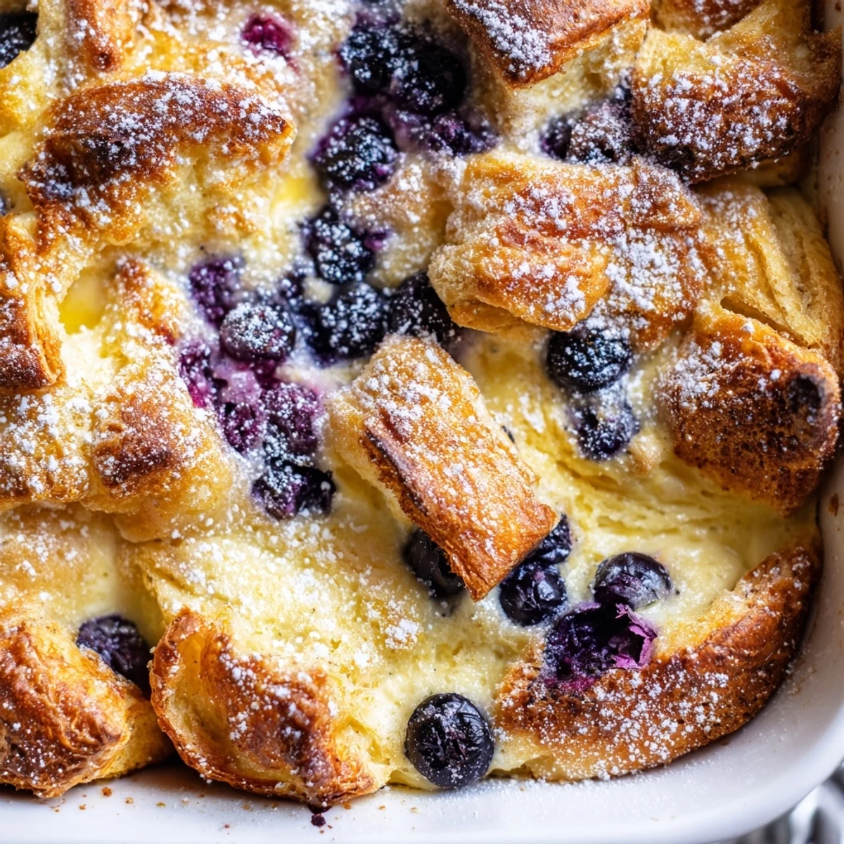 Warm breakfast casserole featuring layered croissants, creamy blueberry filling, and light dusting of sugar