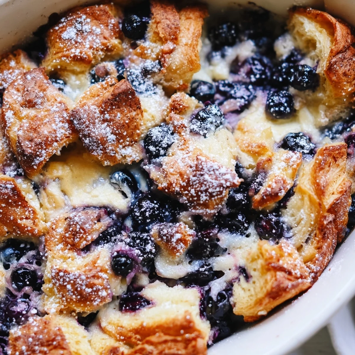 Buttery croissant pieces baked in sweet cream cheese custard with plump blueberries throughout