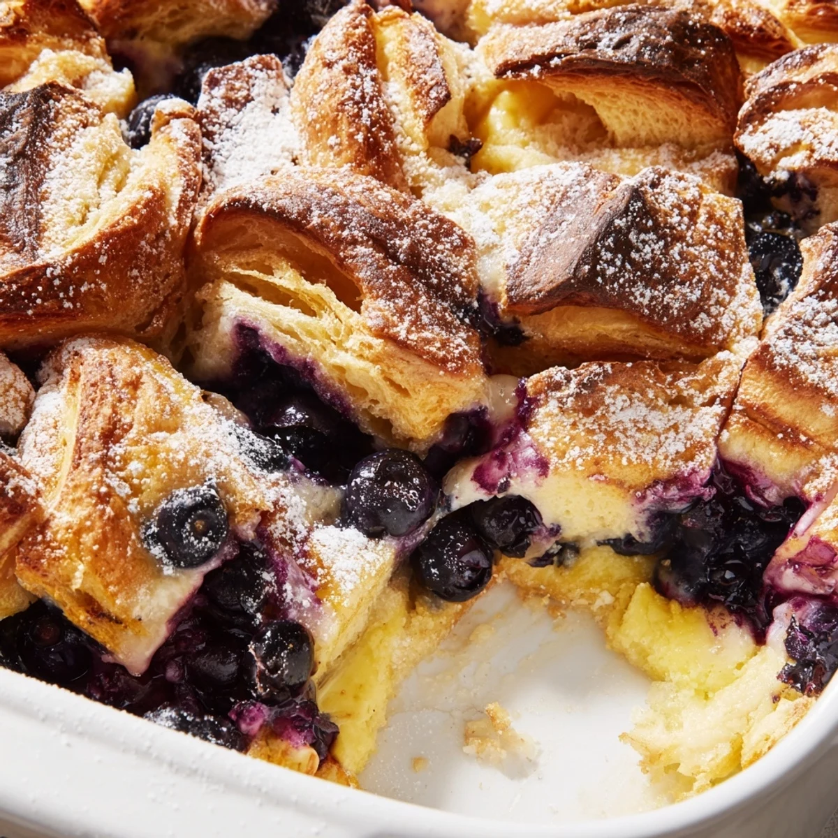 Golden blueberry cream cheese croissant casserole with bubbling fruit and powdered sugar topping