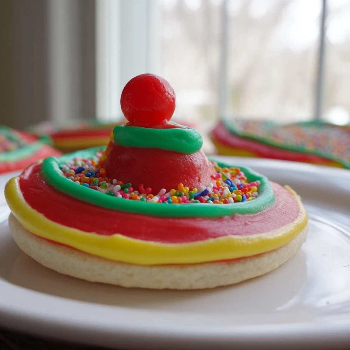 Festive Cinco De Mayo sombrero cookies decorated with colorful icing and bright sprinkles