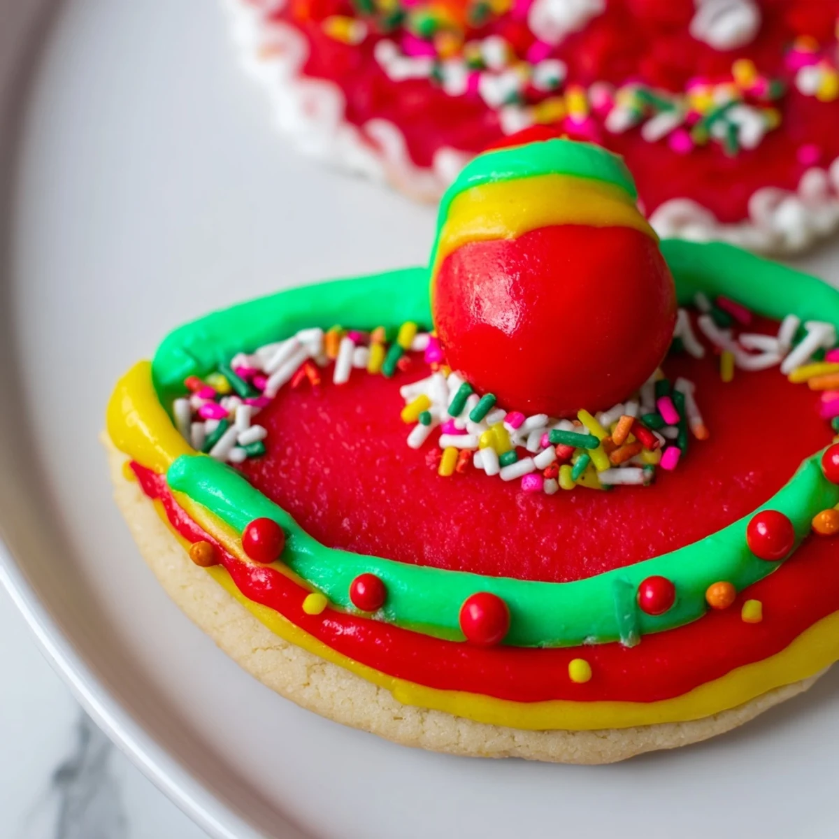 Colorful Mexican sombrero sugar cookies topped with gumdrops and vibrant frosting for Cinco De Mayo