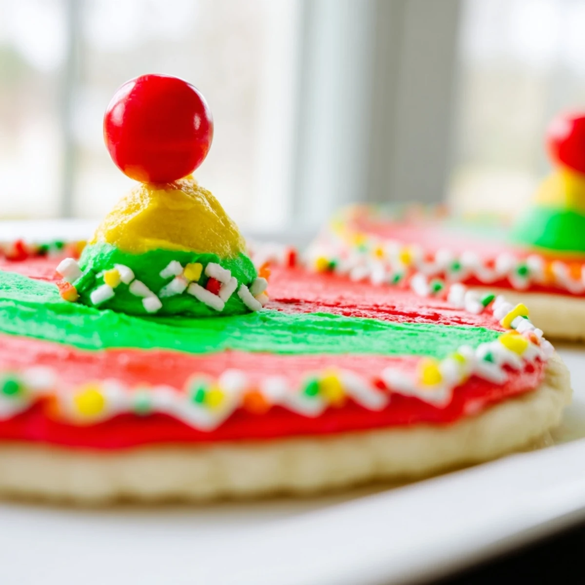 Homemade Cinco De Mayo sombrero cookies arranged on platter with candy decorations and white icing