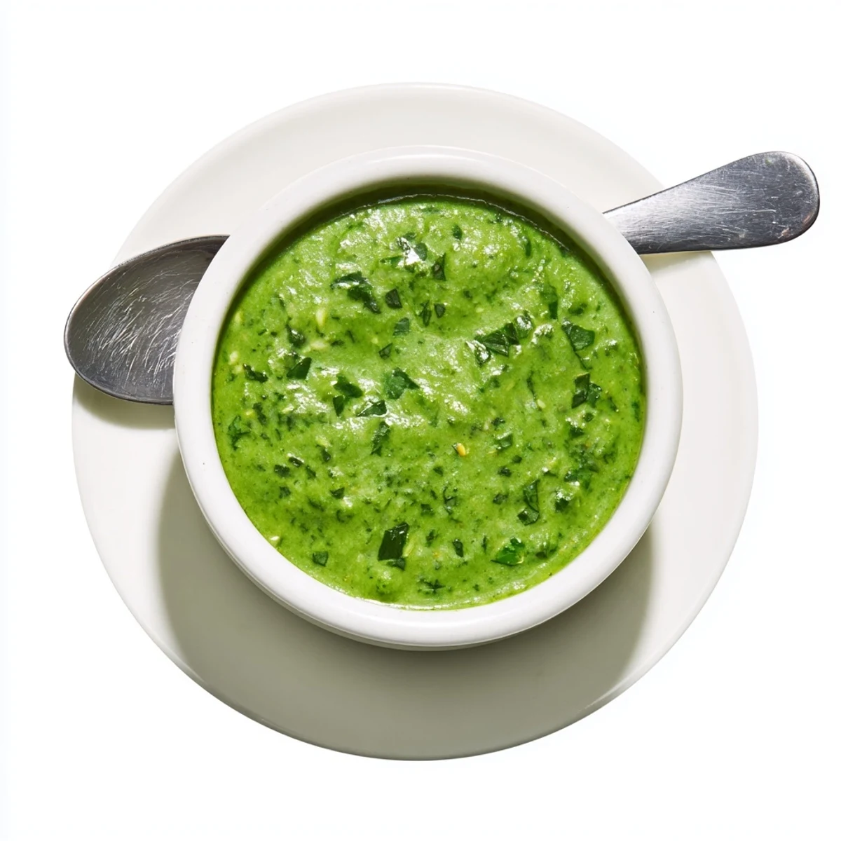 Smooth spicy Peruvian aji verde sauce garnished with fresh herbs in white serving dish