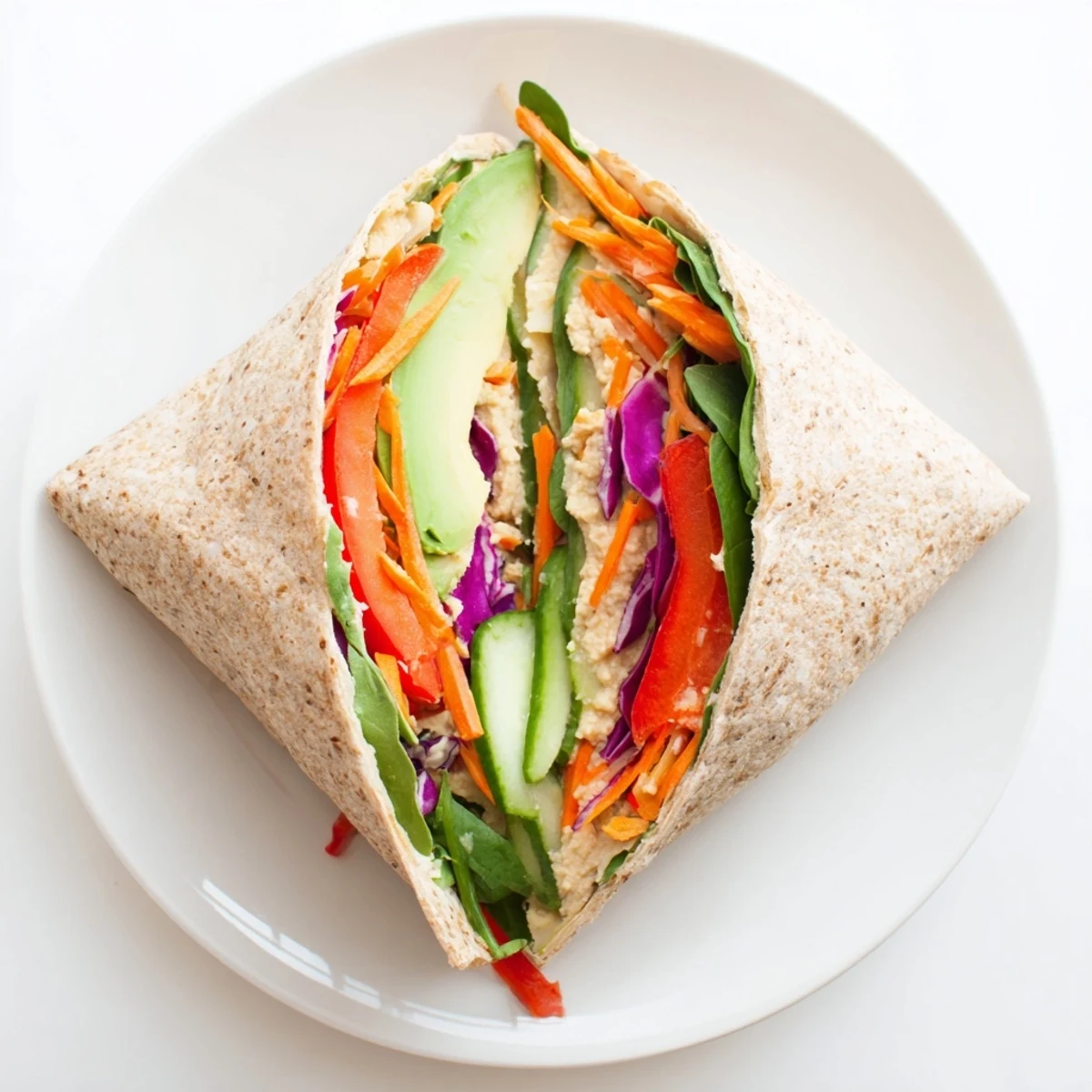 Golden brown whole wheat tortilla wrapped around colorful shredded carrots, crisp spinach, and creamy hummus layers