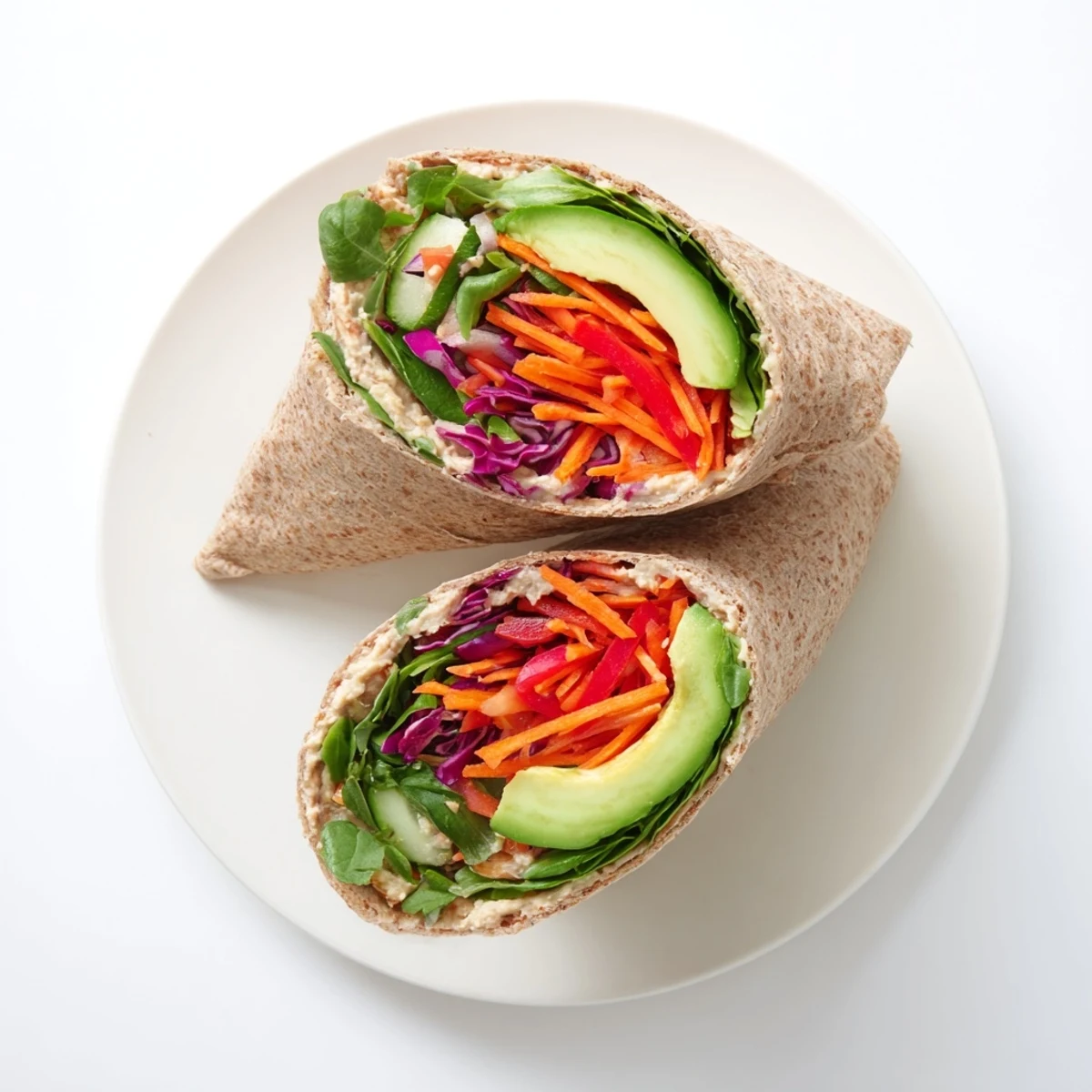 Cross-section of veggie wrap with hummus recipe revealing vibrant red cabbage, cucumber slices, and smooth spread