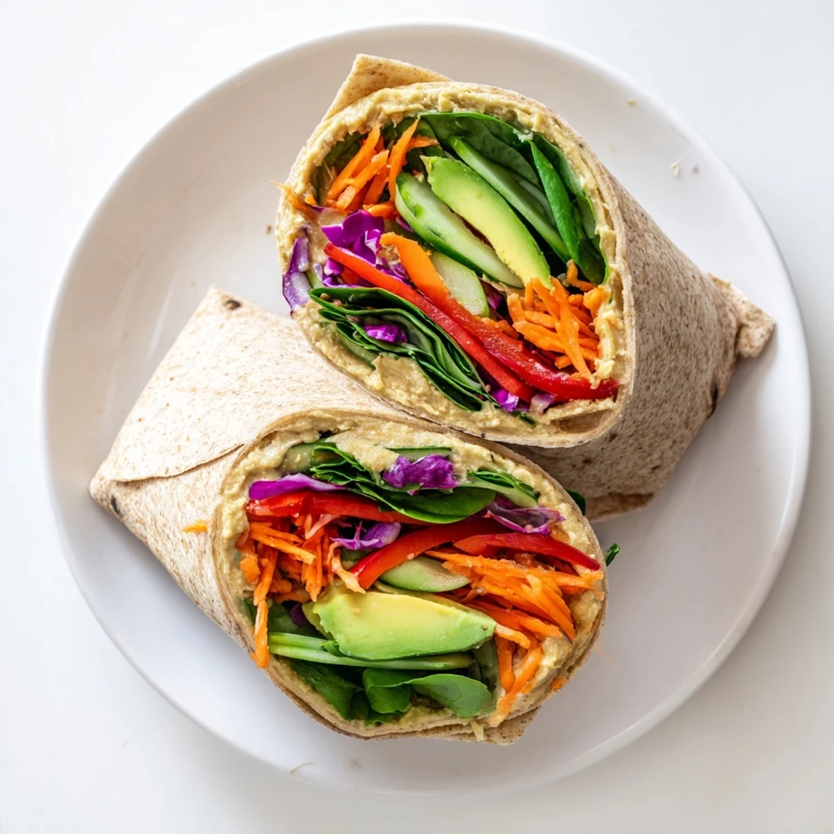 Mediterranean-style lunch wrap stuffed with fresh bell pepper strips, baby spinach, and generous hummus coating