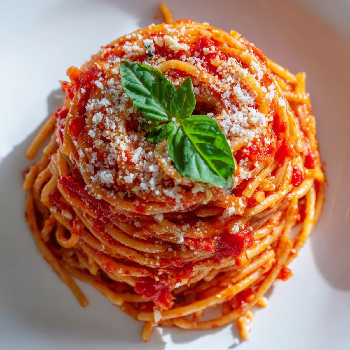 Tender spaghetti noodles coated in homemade tomato sauce topped with grated Parmesan cheese