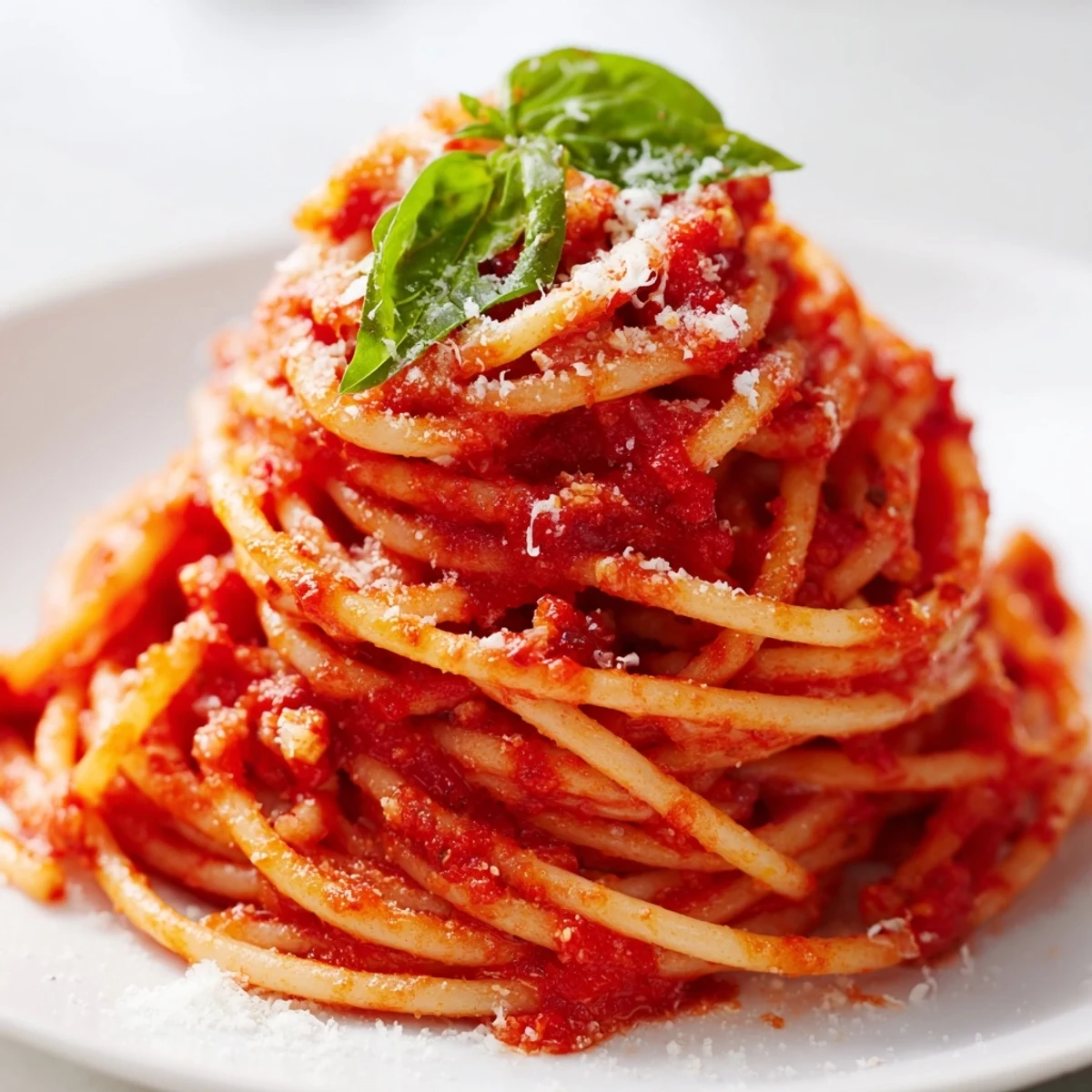 Steaming bowl of classic Italian pasta with rich tomato sauce and fresh basil garnish