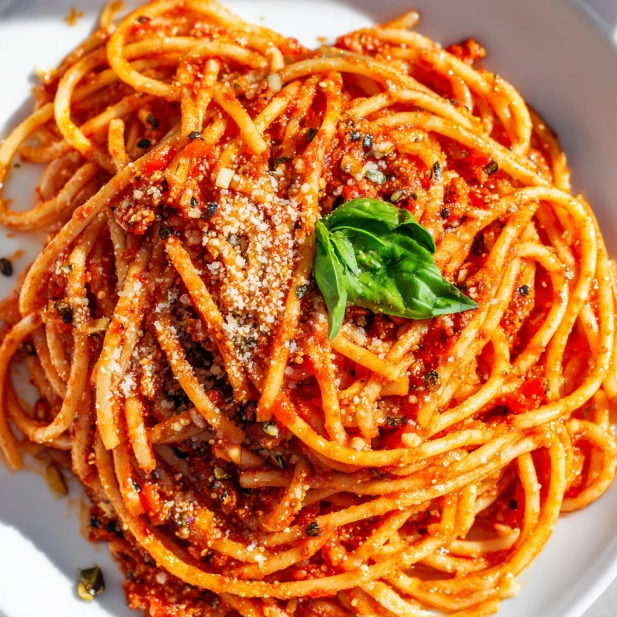 Close-up of al dente pasta tossed in flavorful red sauce with fresh basil leaves