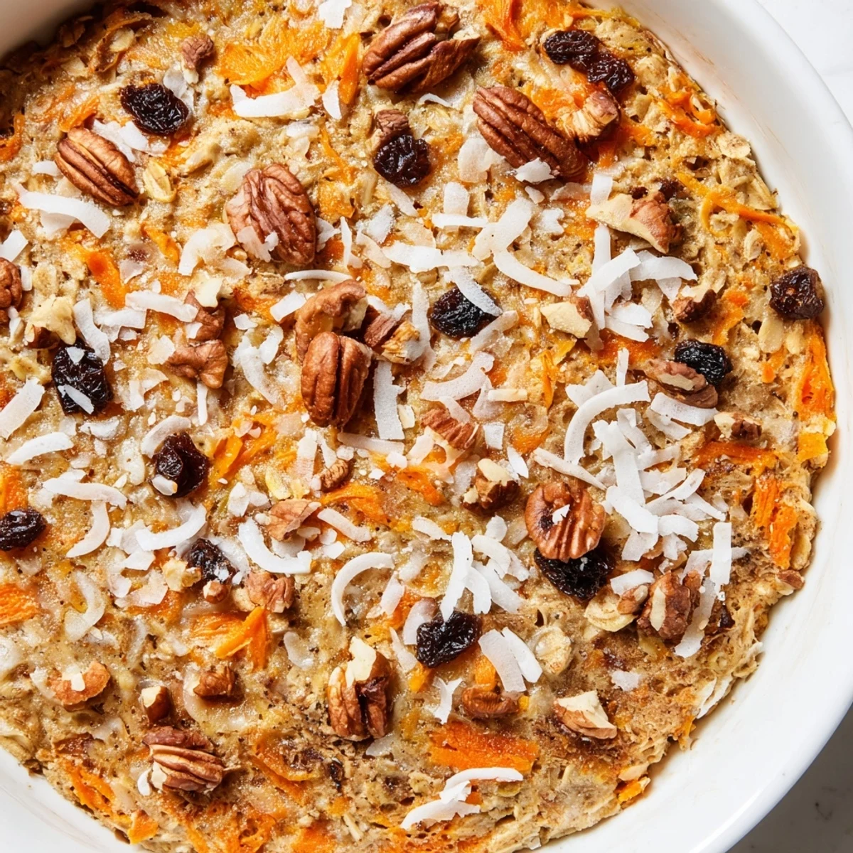 Golden carrot cake baked oatmeal with grated carrots, walnuts, and raisins, fresh from the oven