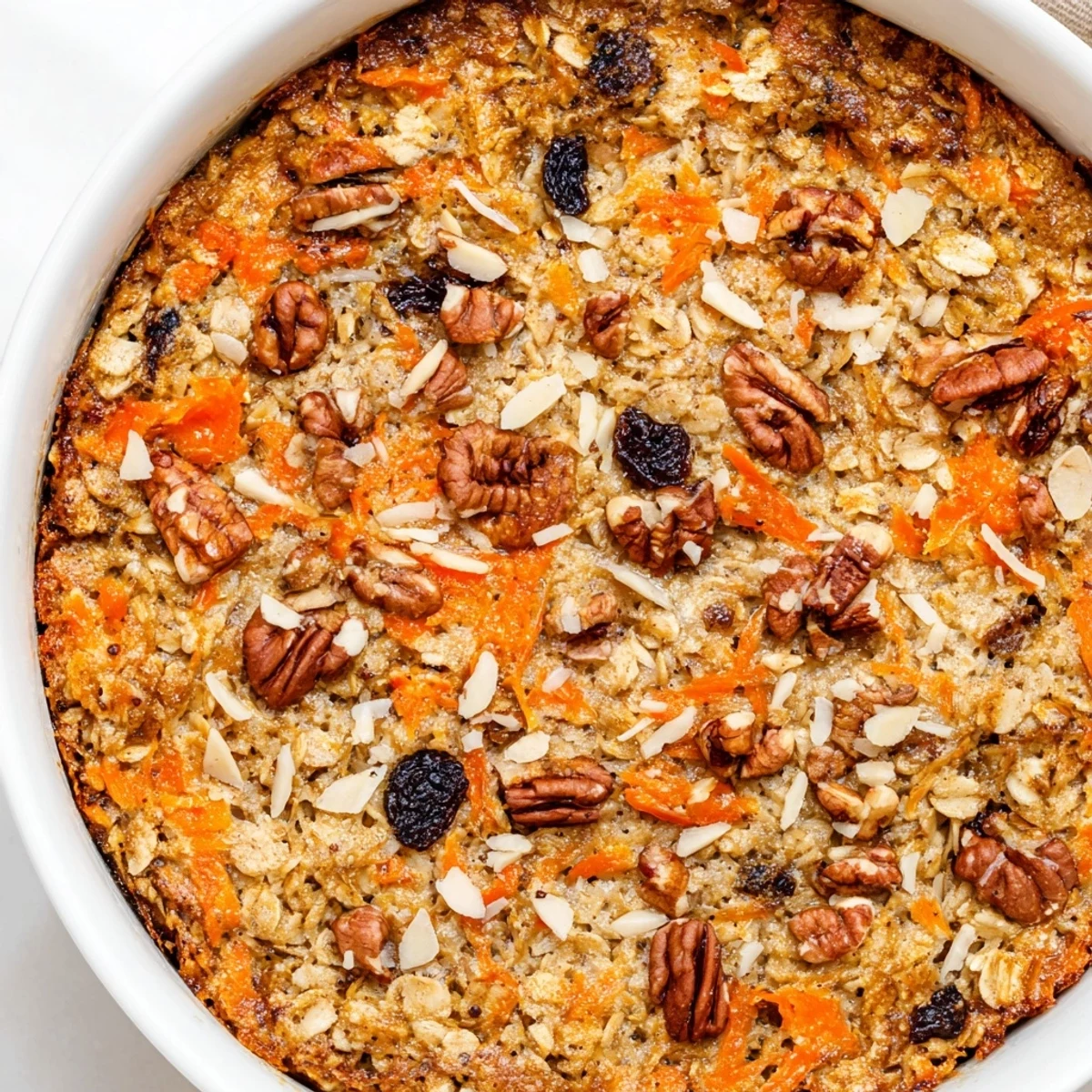 Slices of moist carrot cake baked oatmeal speckled with orange carrots and sweet raisins