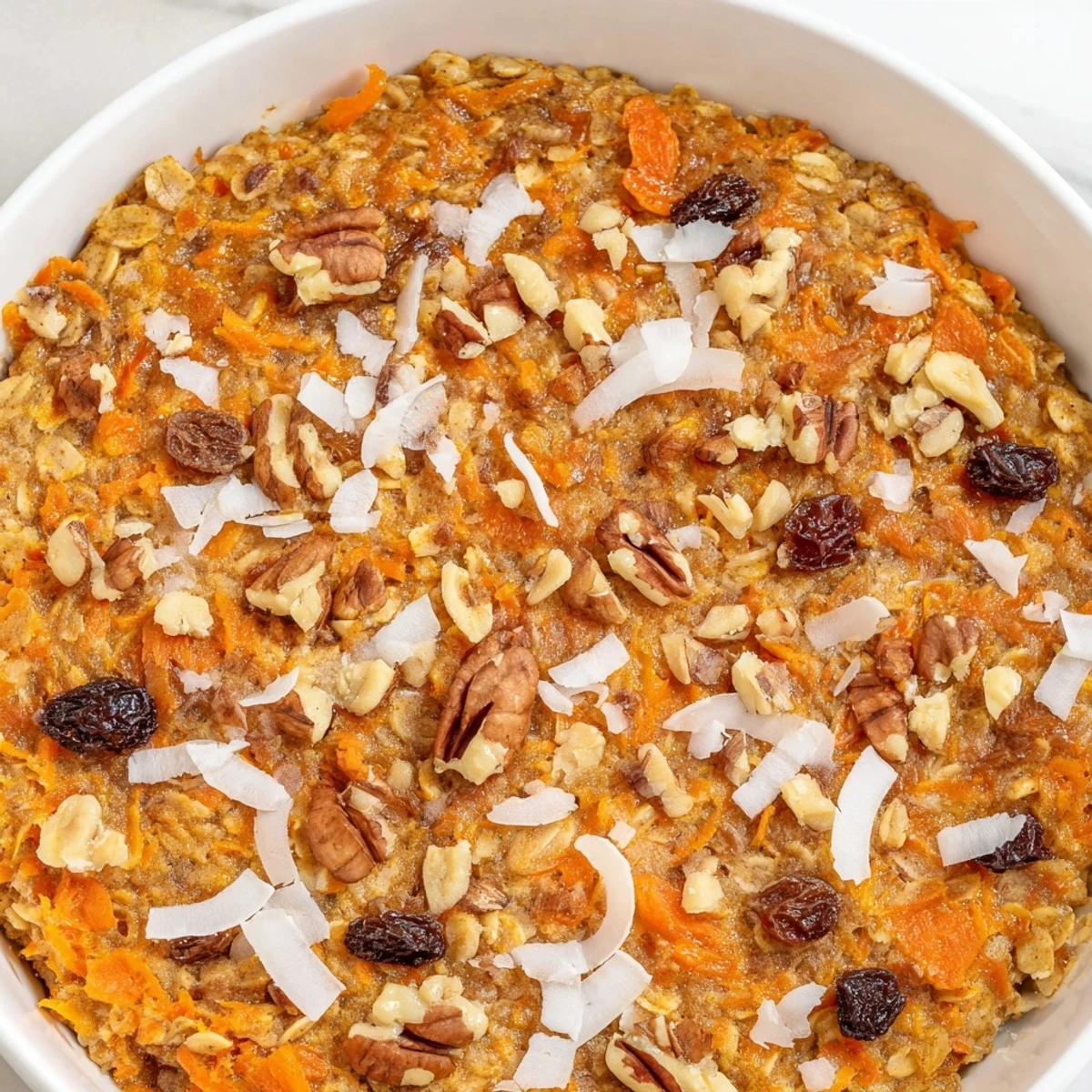 Warm bowl of carrot cake baked oatmeal topped with chopped pecans and shredded coconut