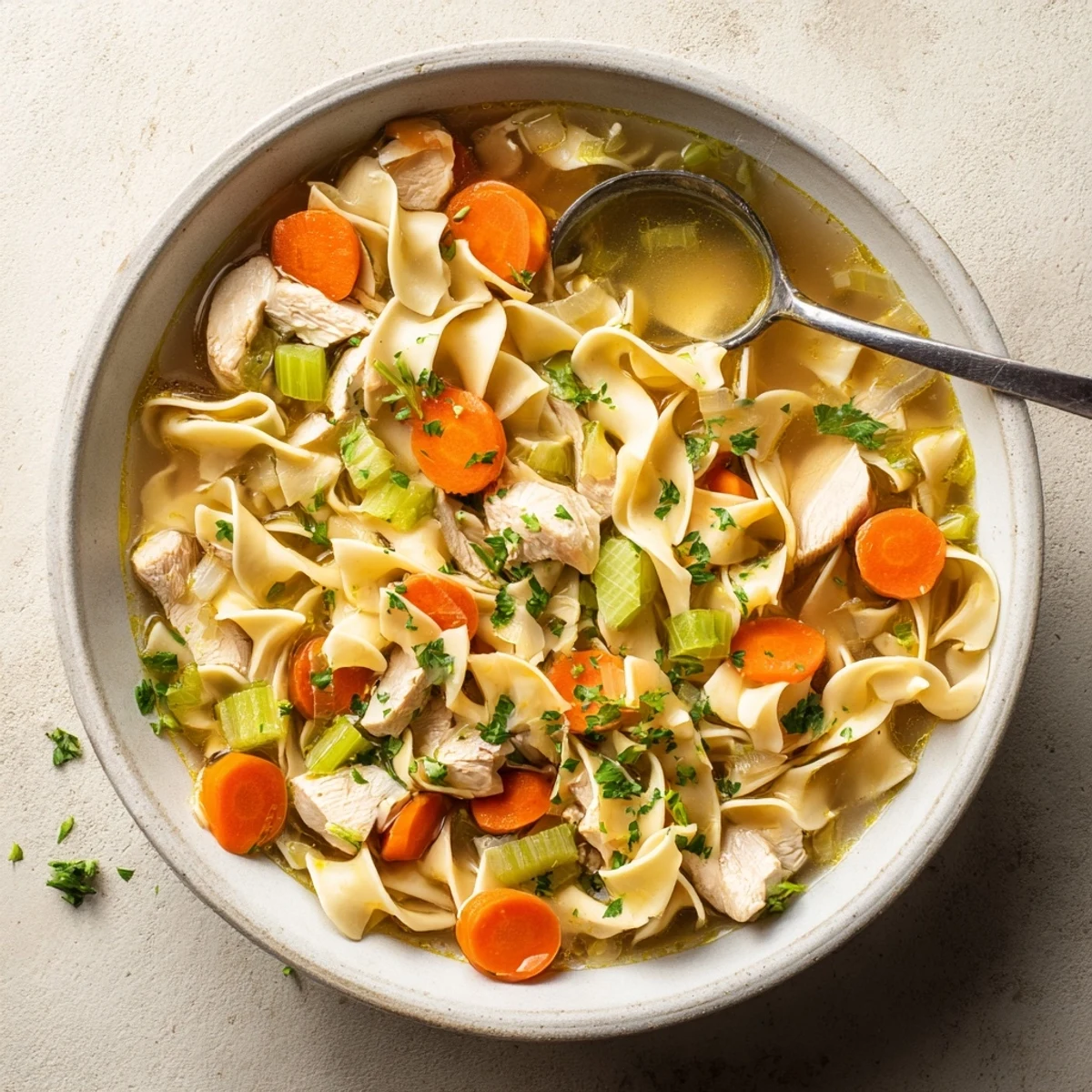 Creamy one pot chicken and noodles featuring tender meat bites and colorful diced vegetables