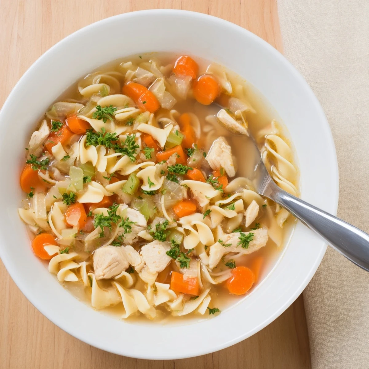 Golden one pot chicken and noodles simmering in rich broth with fresh parsley garnish