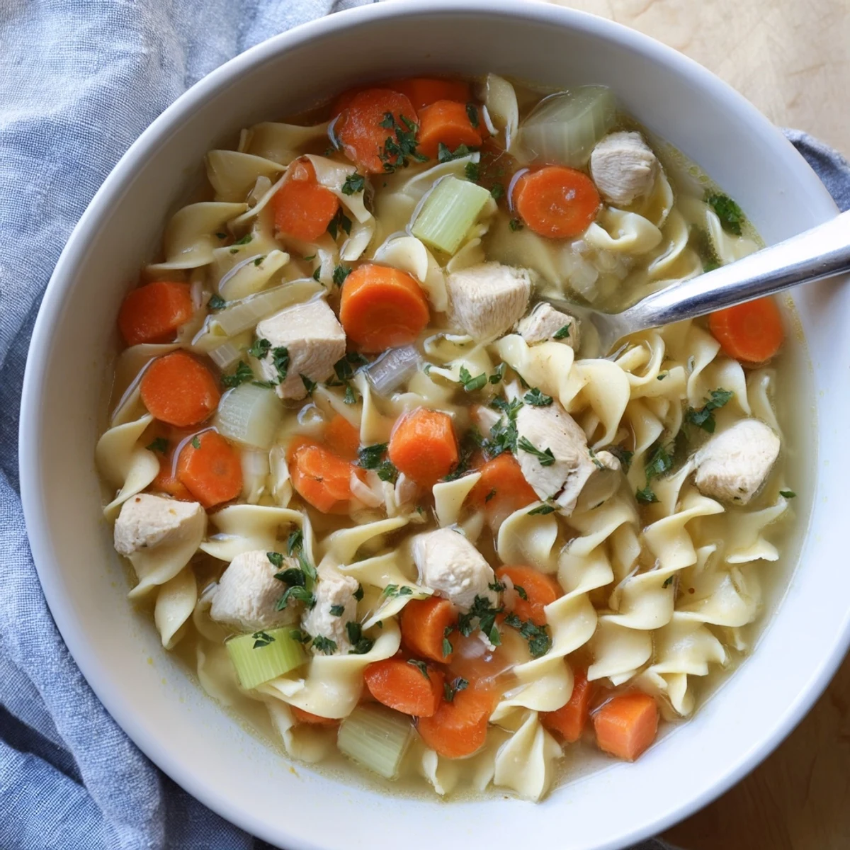 Steaming one pot chicken and noodles in a rustic bowl with chunky carrots and celery