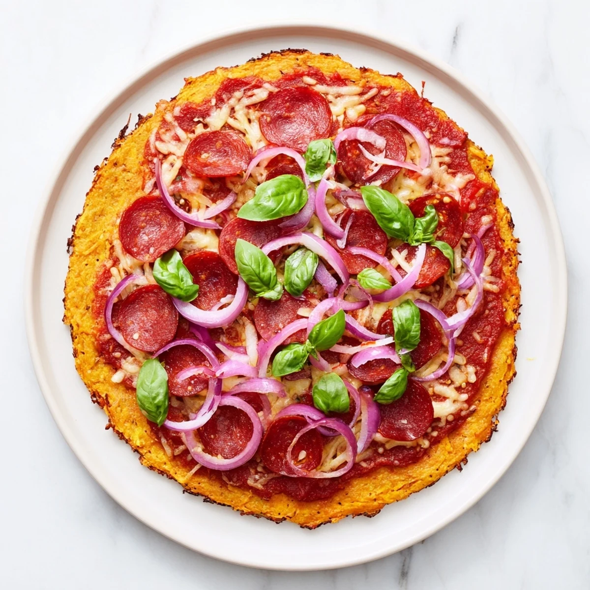 Golden sweet potato crust pizza topped with pepperoni and mozzarella drizzled with spicy hot honey