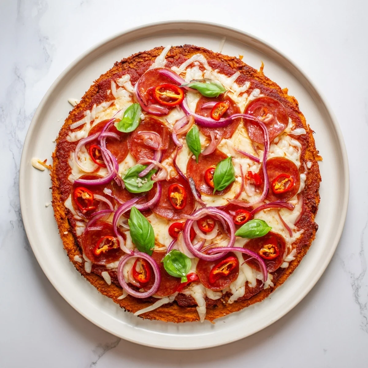 Gluten-free pepperoni hot honey pizza featuring crispy sweet potato crust with bubbling melted cheese topping