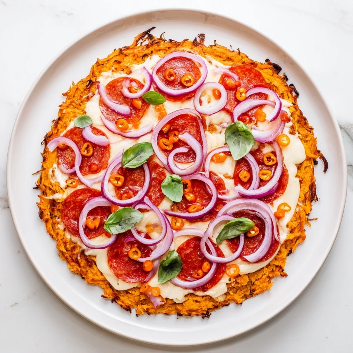Spicy hot honey drizzled over pepperoni pizza on a golden baked sweet potato crust with basil