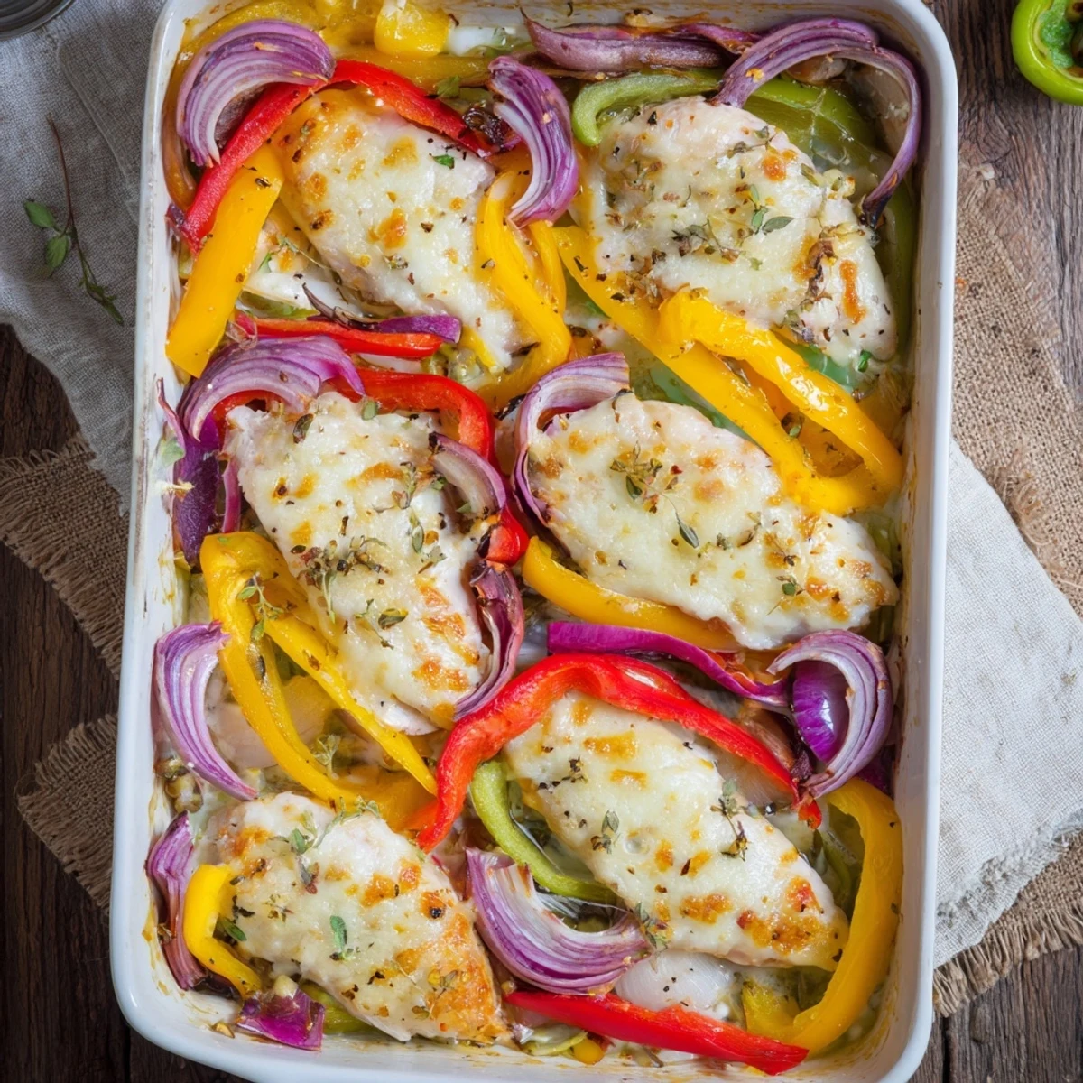 Golden cheesy baked chicken breast resting atop colorful roasted bell peppers and onions