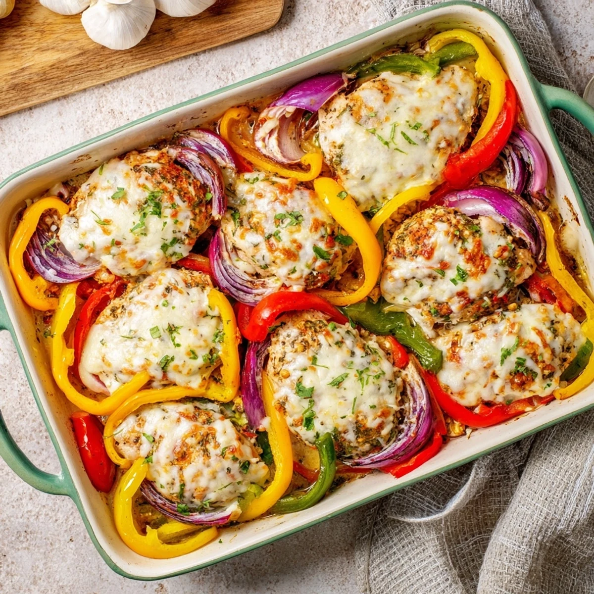 Melted mozzarella and parmesan topped chicken breast baked with vibrant red and yellow peppers