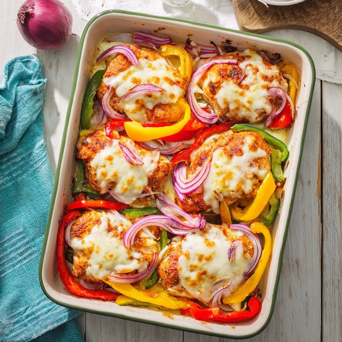 Tender cheesy baked chicken breast served with sliced green peppers and caramelized onions