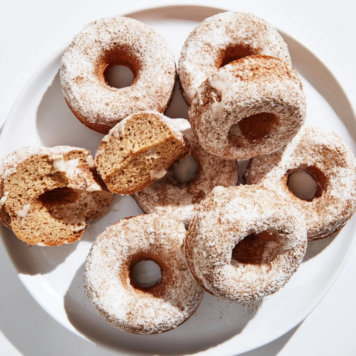 Golden banana bread donuts topped with sweet cinnamon glaze on a wire cooling rack