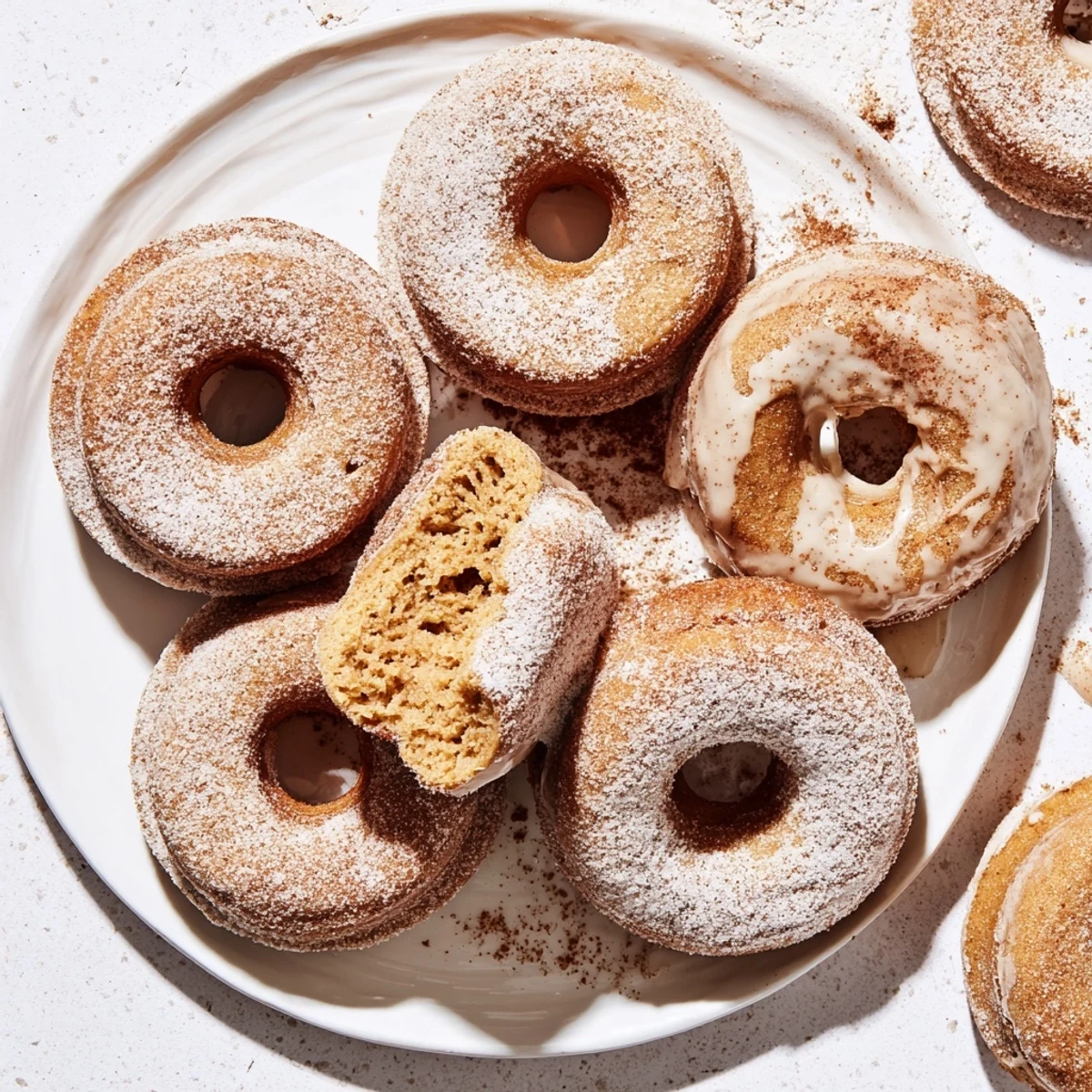 Soft baked banana bread donuts dusted with powdered sugar arranged on white plate