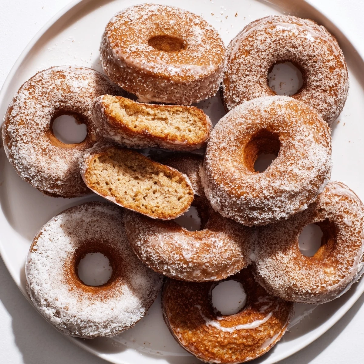 Moist homemade banana bread donuts with optional cinnamon sugar glaze and vanilla glaze drizzle