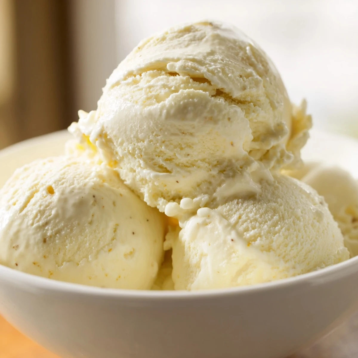 Homemade vanilla ice cream scooped into a chilled glass bowl with creamy texture