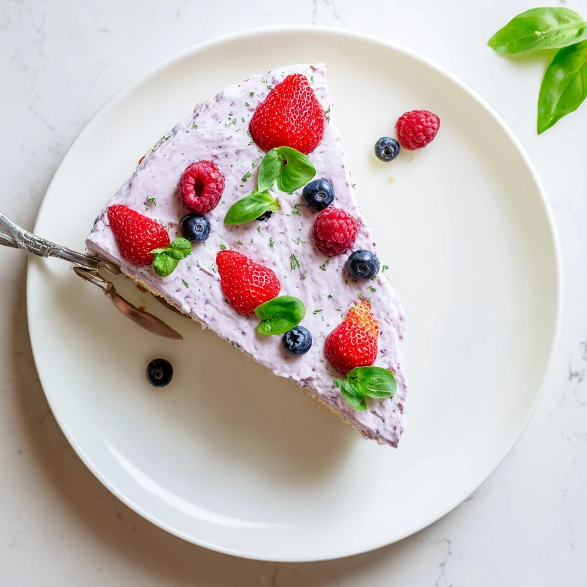 Basil Berry Cake topped with purple frosting and scattered fresh strawberries raspberries