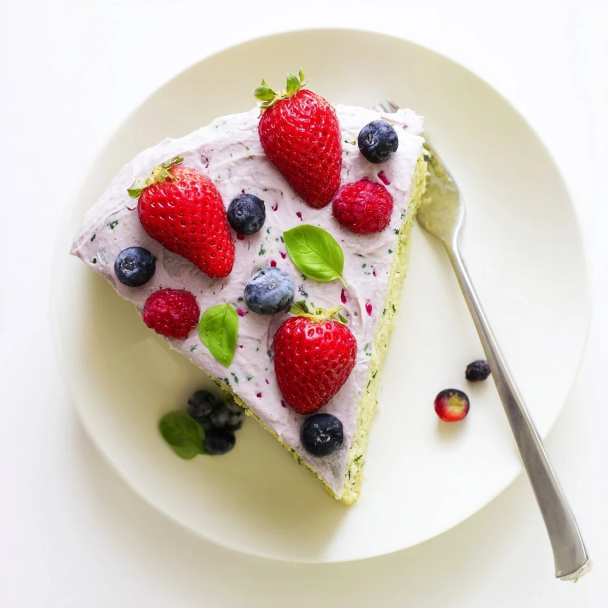 Vibrant basil berry cake slice revealing speckled green interior with colorful mixed berries
