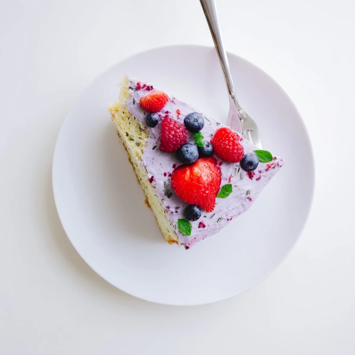 Frosted basil berry cake decorated with fresh basil leaves and ripe summer berries