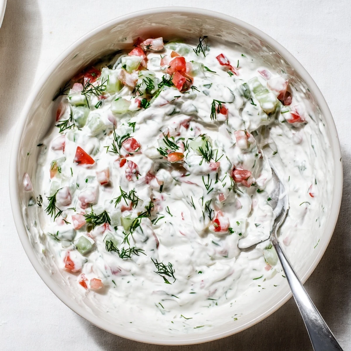 Rich and tangy Grillos Pickle De Gallo Ranch Dip topped with vibrant pico de gallo and fresh green herbs