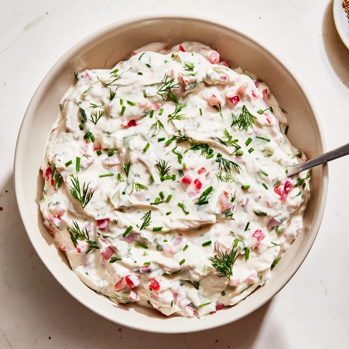 Velvety white Grillos Pickle De Gallo Ranch Dip speckled with chopped pickles and colorful fresh tomato vegetable medley
