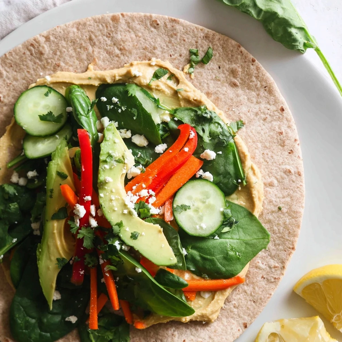 Close up Mediterranean Spinach Hummus Lunch Wraps packed with crisp cucumber carrots bell pepper and creamy avocado slices