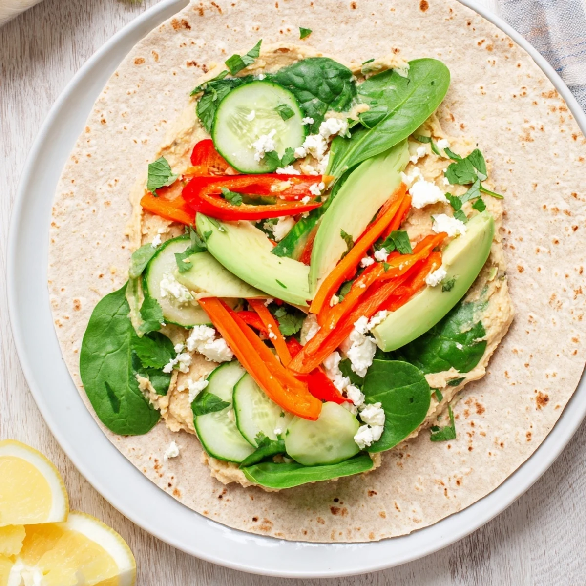 Golden Spinach Hummus Lunch Wraps rolled diagonally revealing colorful layers of fresh vegetables inside whole wheat tortilla