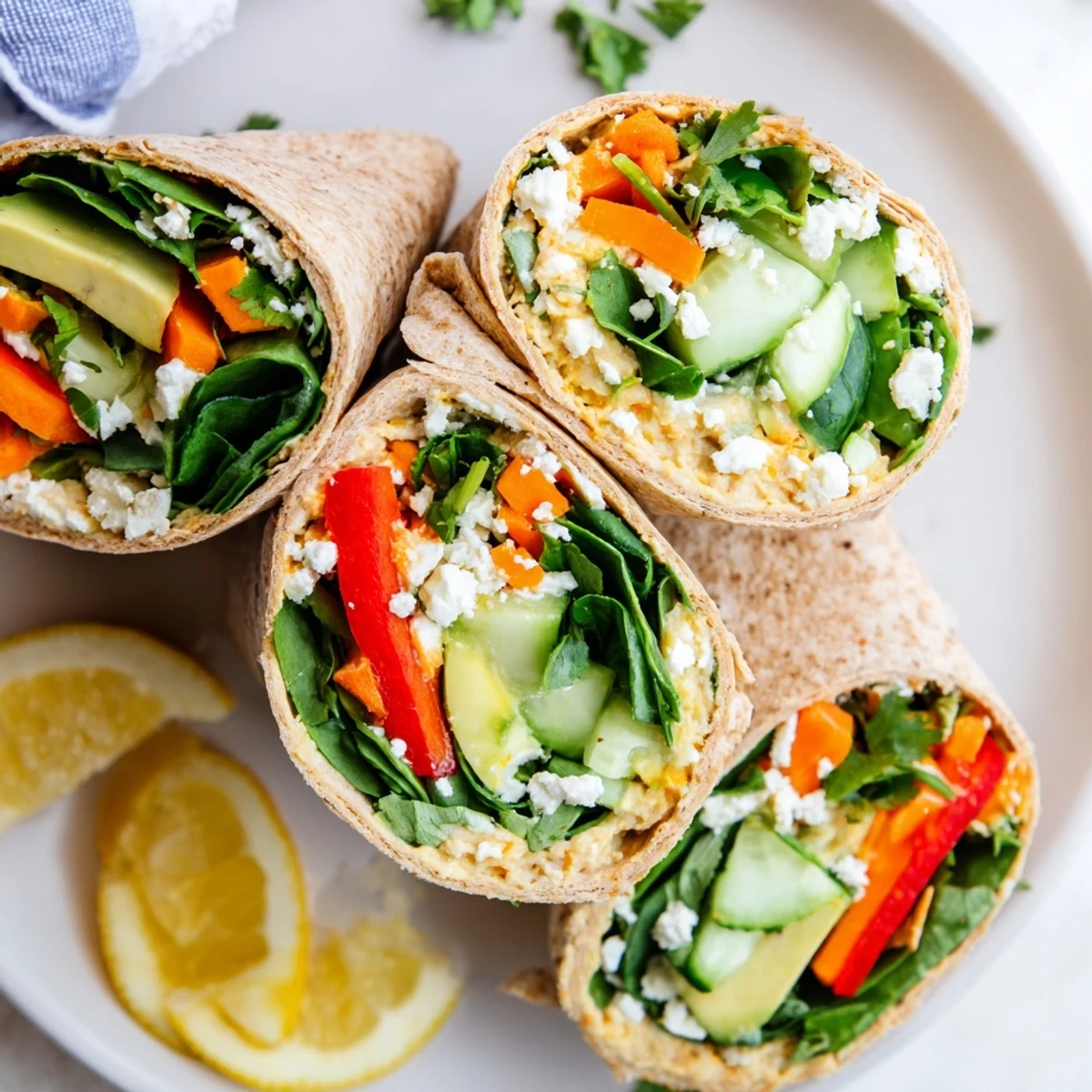 Ready to eat Spinach Hummus Lunch Wraps on wooden board topped with fresh cilantro and lemon wedges for serving