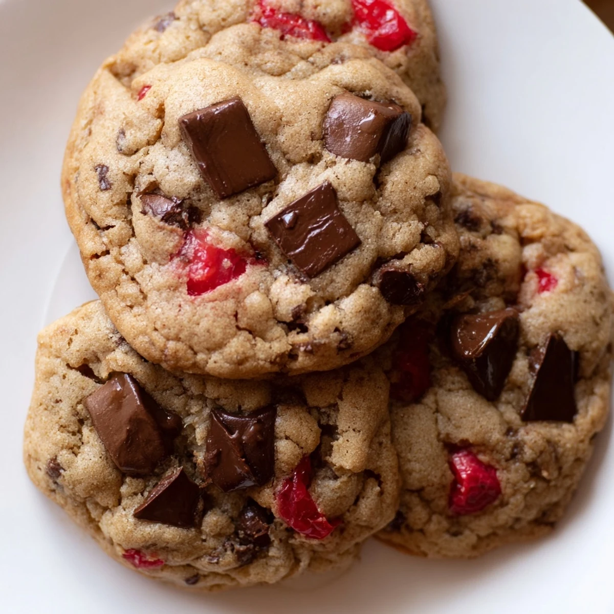 Golden maraschino cherry chocolate chip cookies fresh from the oven with melted chocolate and bright red cherry pieces