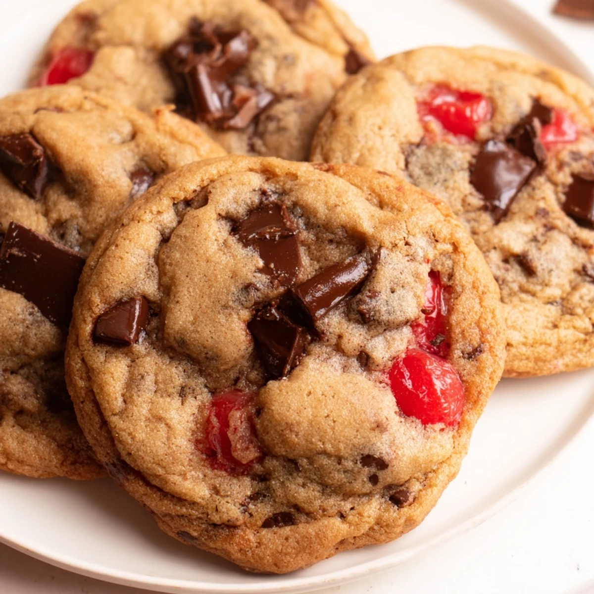 Chewy maraschino cherry chocolate chip cookies stacked on a wire rack, showcasing colorful cherry chunks and gooey chocolate chips